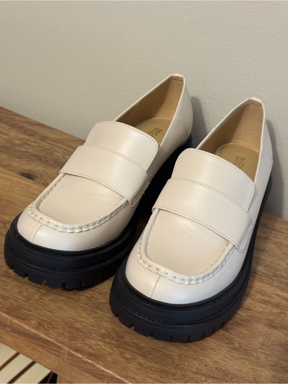 Michael Kors Chunky Cream Leather Penny Loafers with Black Lug Sole